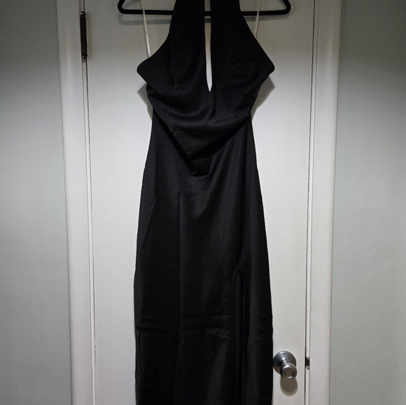 Lulus Beyond Classy Black Satin Halter Midi Dress - Size S - Picture 2 of 9
